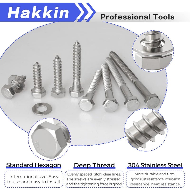 Hakkin 5/16" Hex Lag Bolts Screws Washer Assortment Kit 1" 1-1/4" 1-1/2" 2" 2-1/2" 3" 3-1/2" 4",92Pcs Stainless Steel Lag Screws,Heavy Duty Hexagon Head Lag Bolt Wood Screws Washer Kit by - Image 4